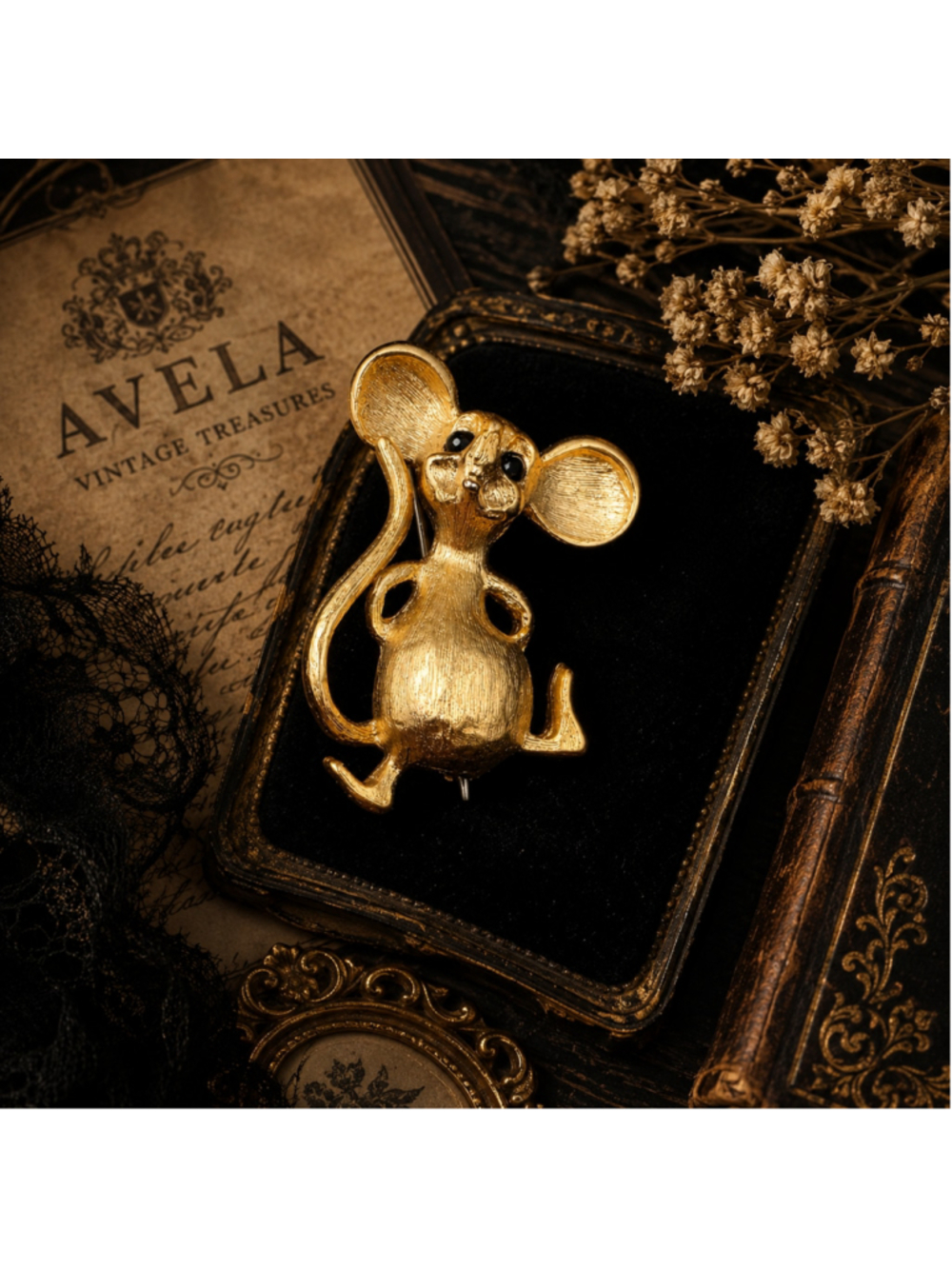 Vintage Gold Tone Mouse Brooch Black Eyes Cute Animal Pin 1980s Unsigned